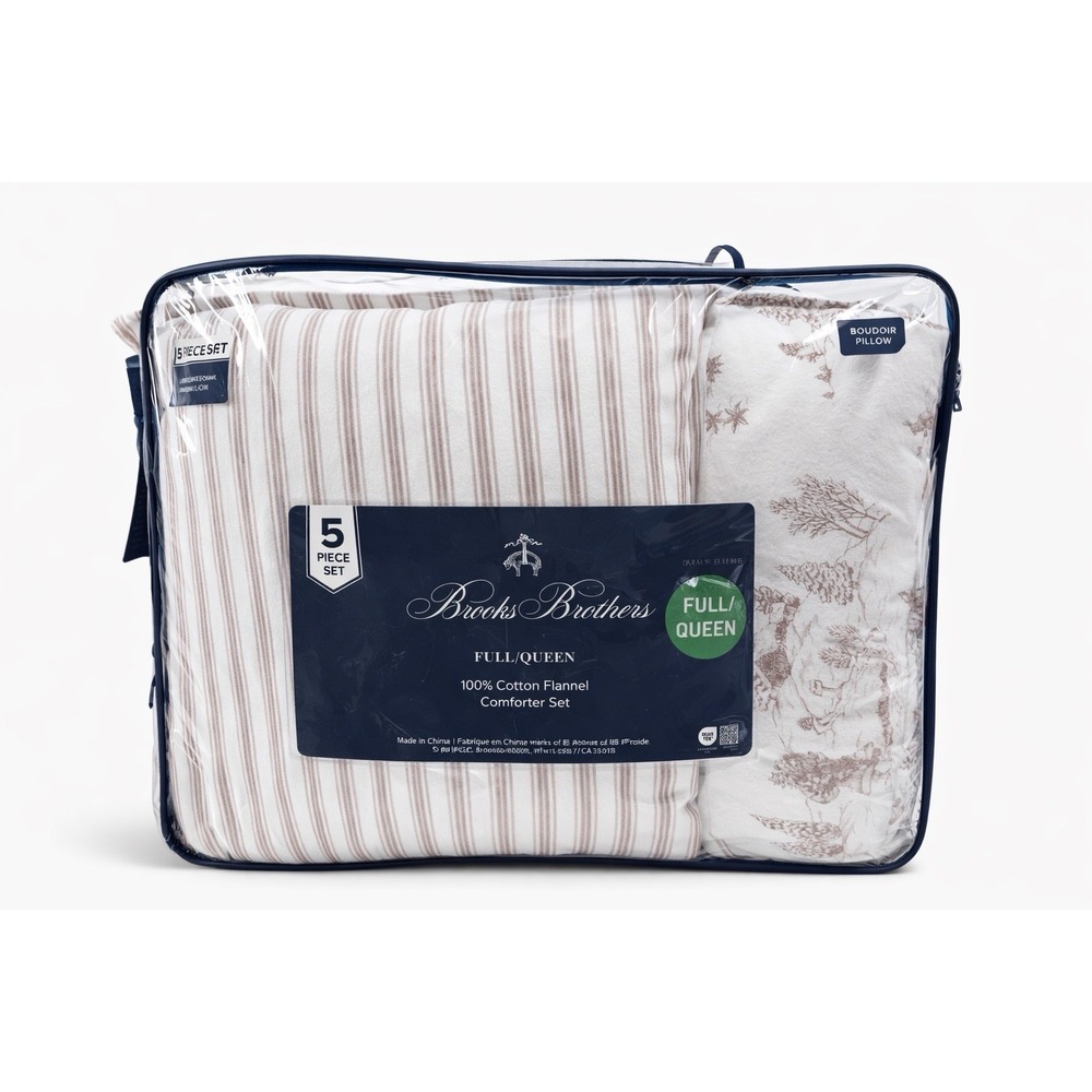 Brooks Brother Flannel‎ Full/Queen 5 Pc Comforter Set Winter Cabin Scene Beige